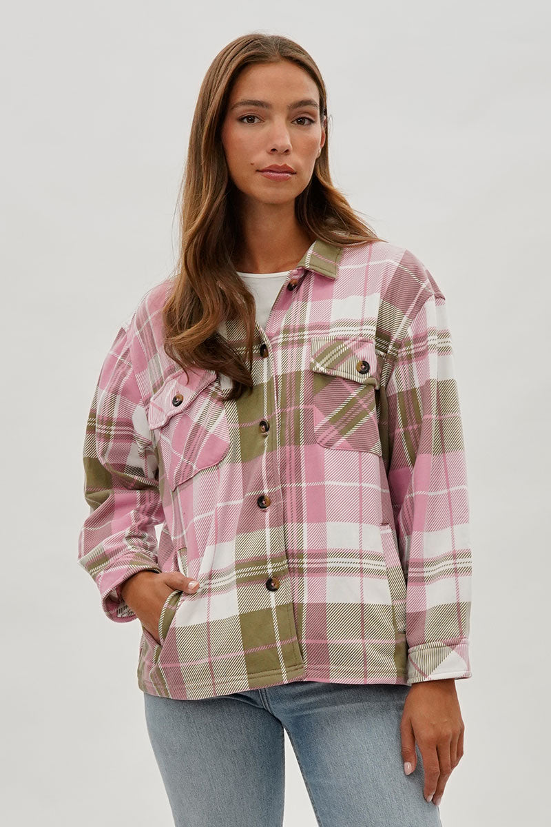 Plaid Button Up Lightweight Jacket - Pink