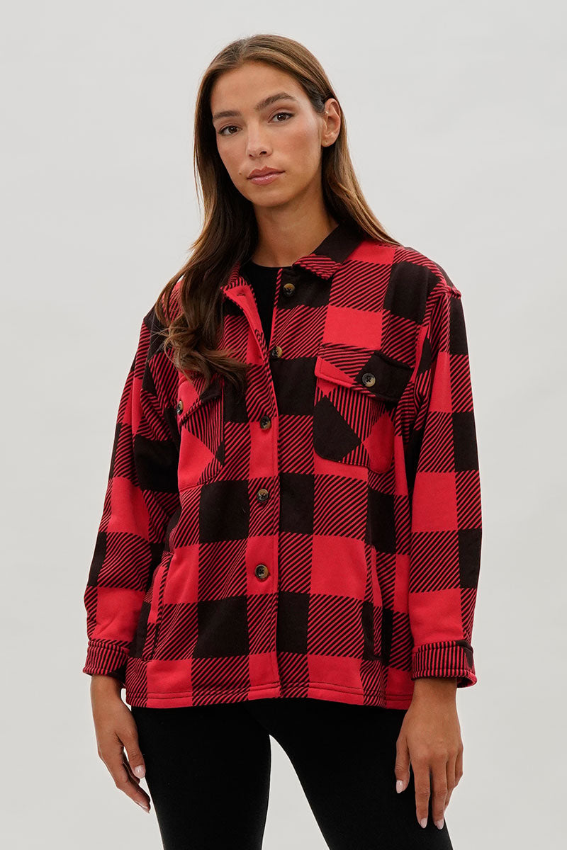 Plaid Button Up Lightweight Jacket - Red