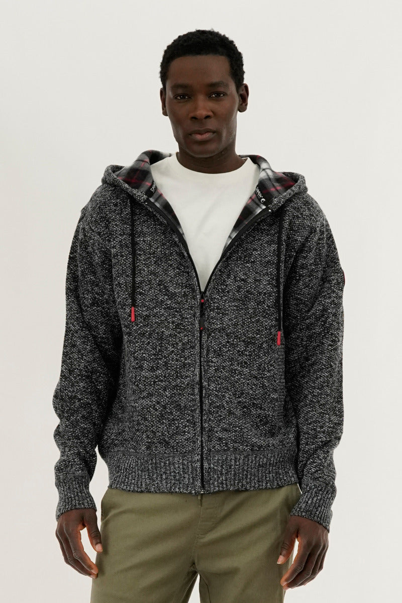 Plaid Lined Zip Up Knit Hoodie - Black