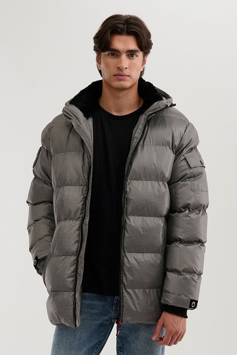 Canada Weather Gear Grid Pattern Puffer Parka Jacket Grey