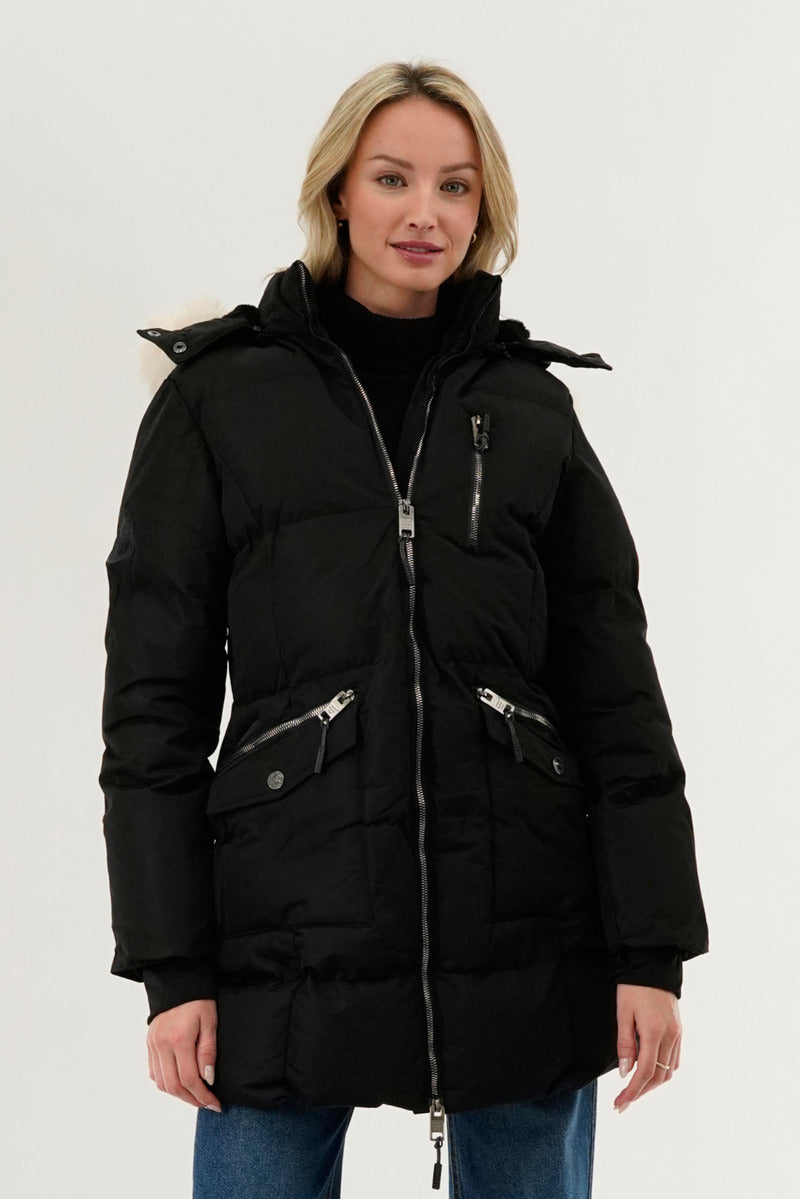 Faux Fur Lined Hood Parka Jacket - Black