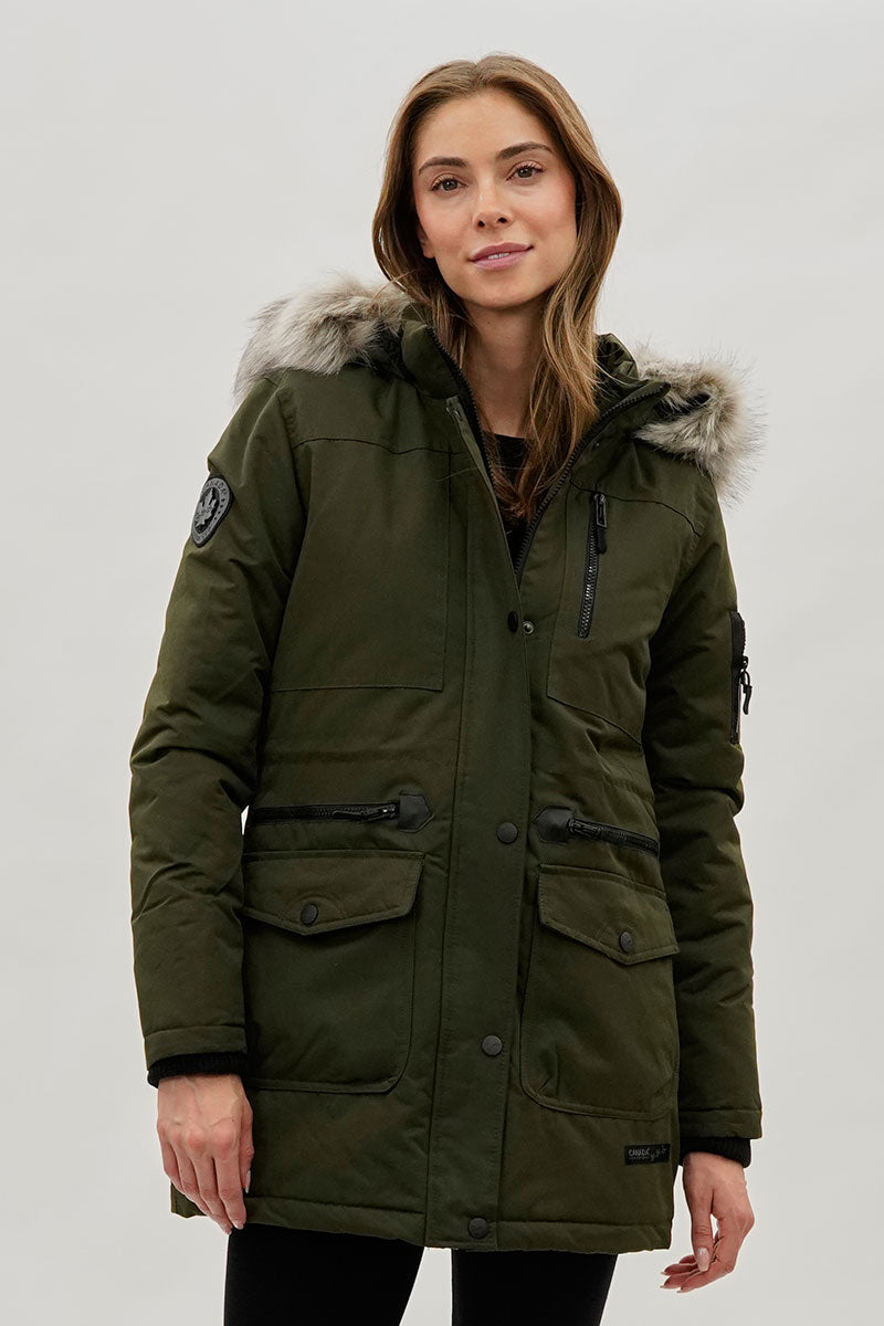 Faux Fur Lined Parka Jacket - Olive
