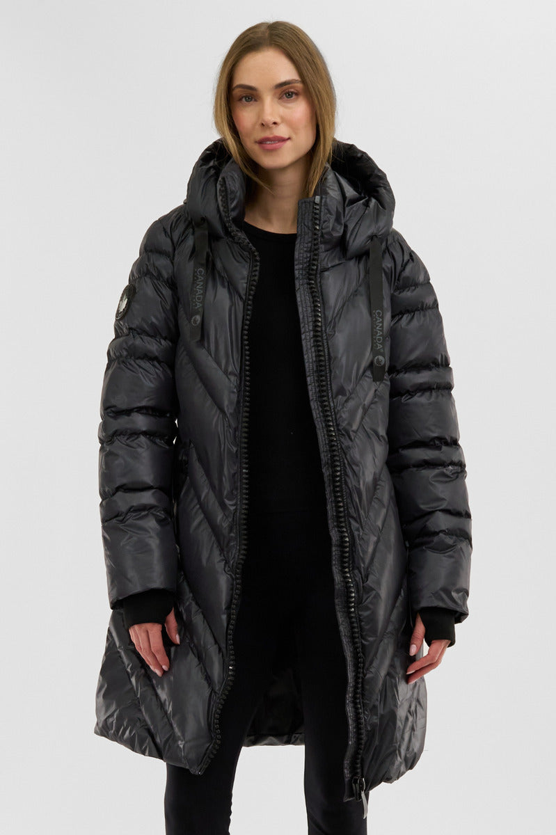 Canada Weather Gear Chevron Quilted Long Parka Jacket Black