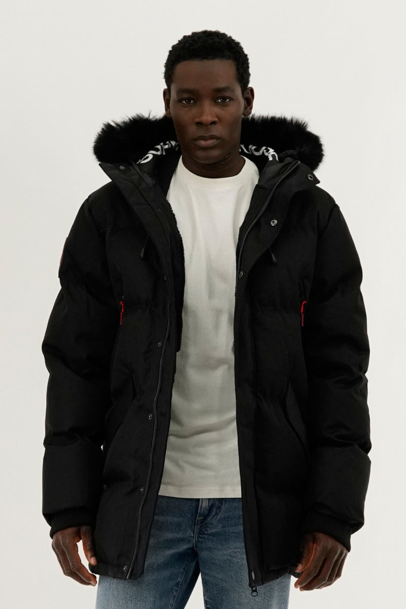 Super Triple Goose Faux Fur Lined Backpack Strap Parka Jacket - Black