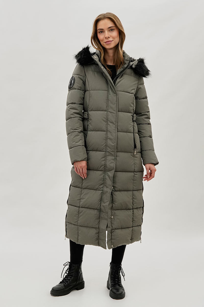 Long Faux Fur Lined Parka Jacket - Olive
