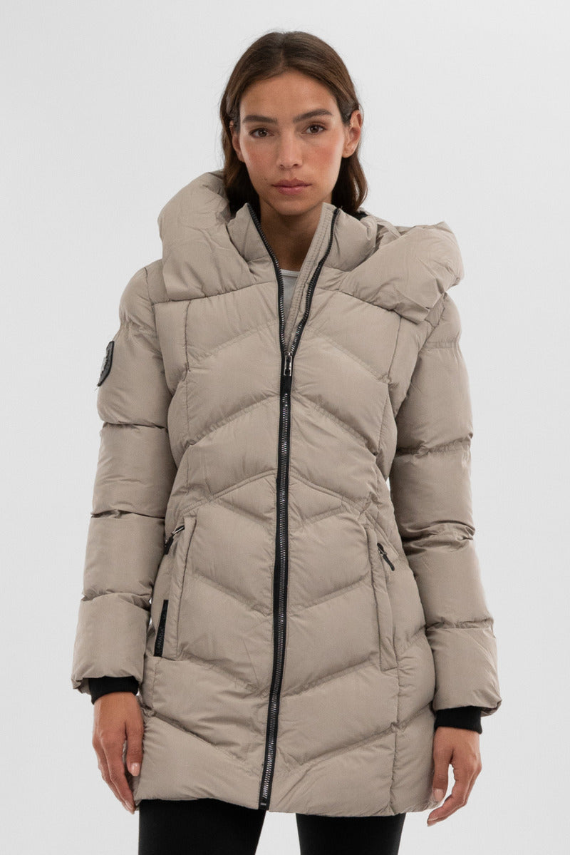 Chevron Quilted Parka Jacket - Beige