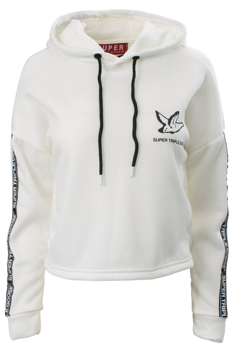 Super Triple Goose Solid Logo Tape Sleeve Hoodie - White - Womens Hoodies & Sweatshirts - Canada Weather Gear