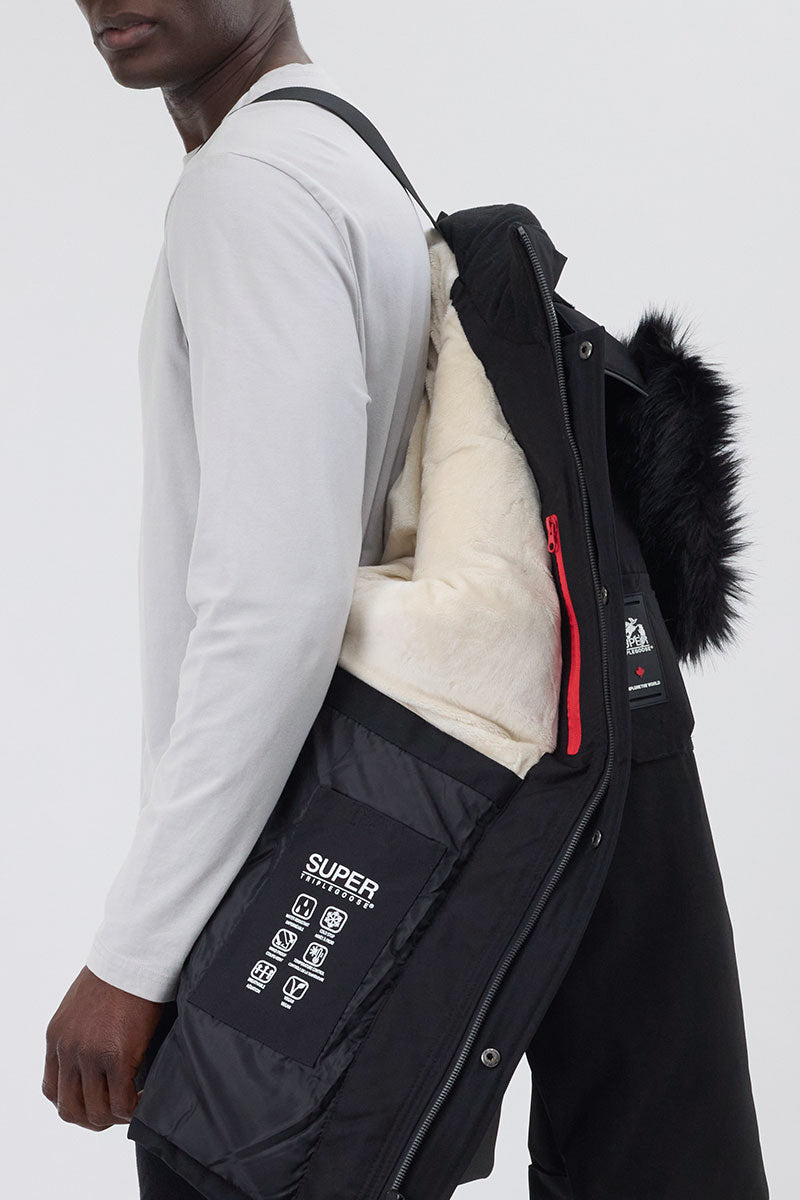 Super Triple Goose Faux Fur Lined Parka Jacket - Black - Mens Parka Jackets - Canada Weather Gear