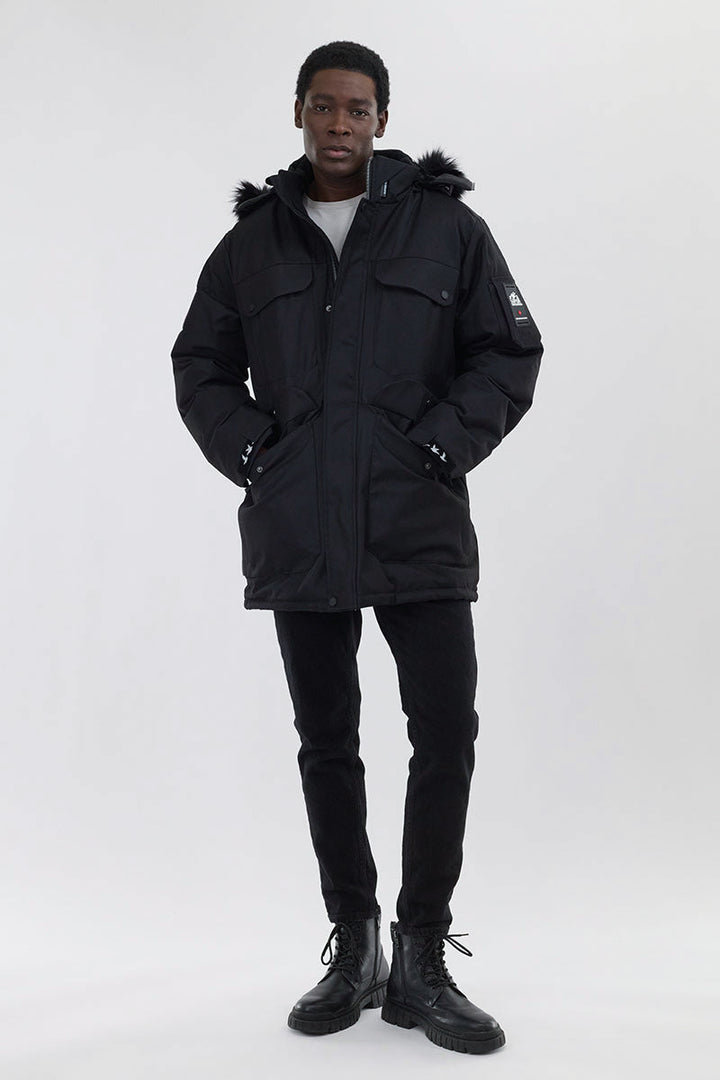 Faux Fur Lined Parka Jacket - Black