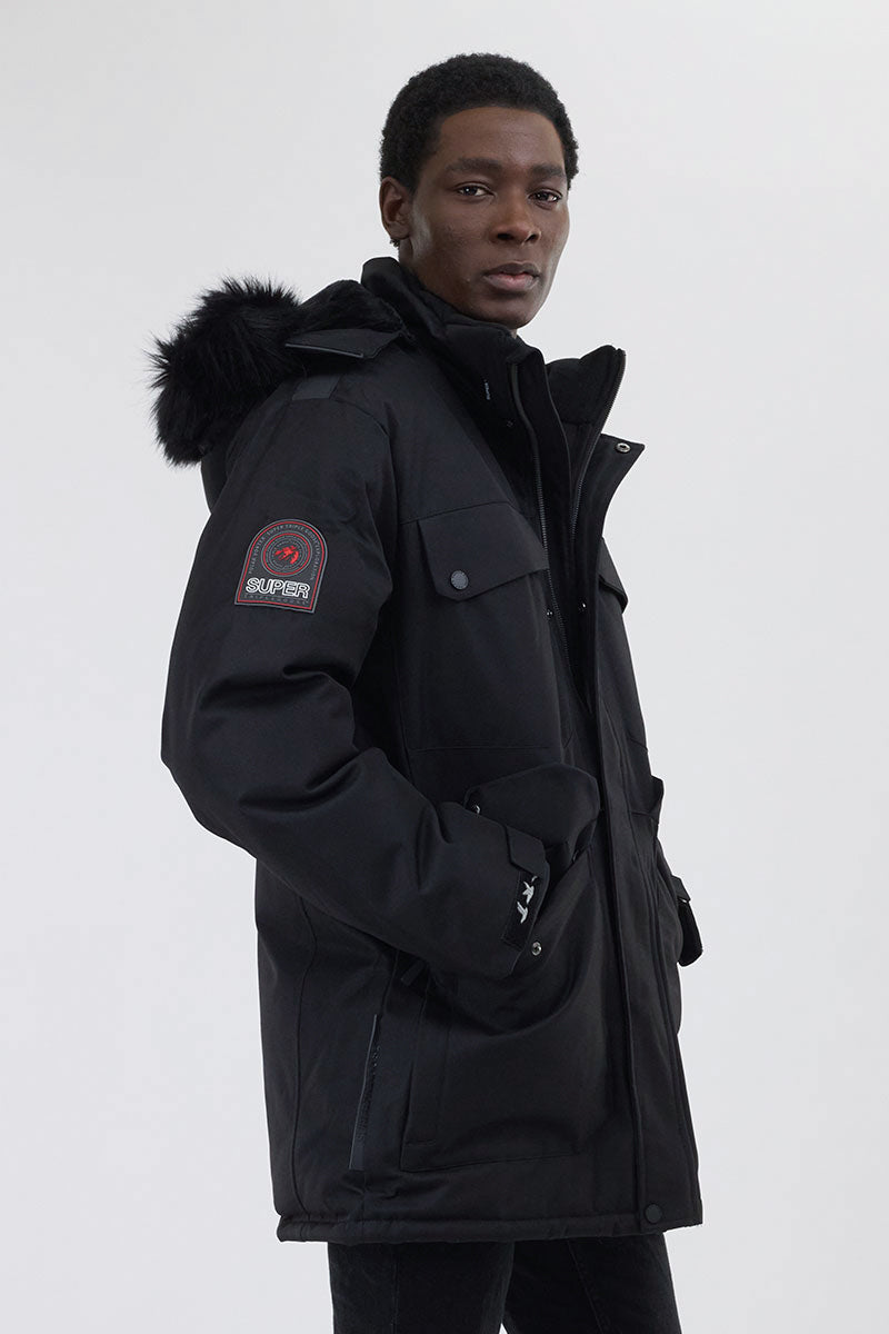 Faux Fur Lined Parka Jacket - Black