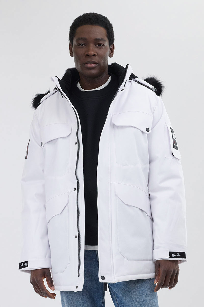 Super Triple Goose Faux Fur Lined Parka Jacket - White - Mens Parka Jackets - Canada Weather Gear
