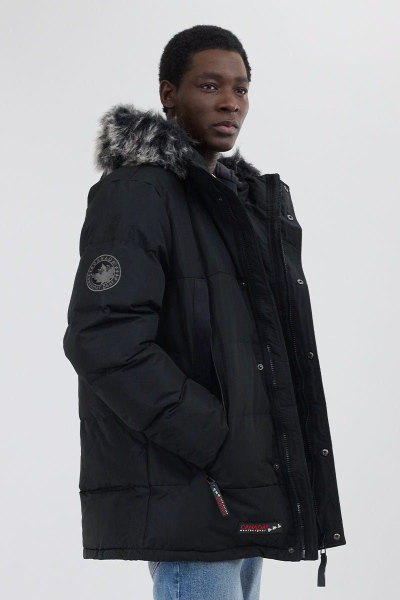 Canada Weather Gear Faux Fur Trim Puffer Parka Jacket - Black - Mens Parka Jackets - Canada Weather Gear