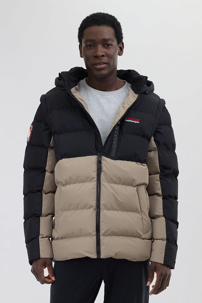 Canada Weather Gear Colour Block Zip Off Sleeve Bomber Jacket - Beige - Mens Bomber Jackets - Canada Weather Gear