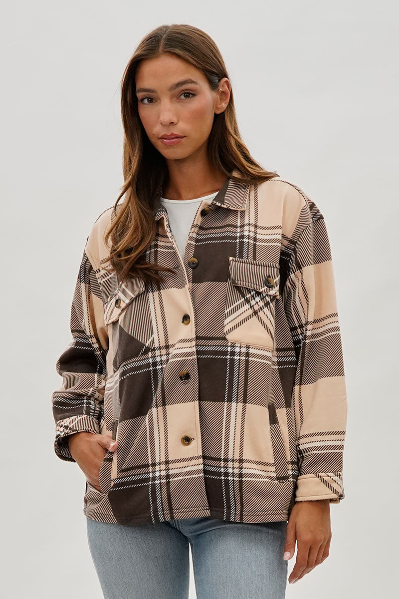 Canada Weather Gear Plaid Button Up Lightweight Jacket - Beige - Womens Lightweight Jackets - Canada Weather Gear