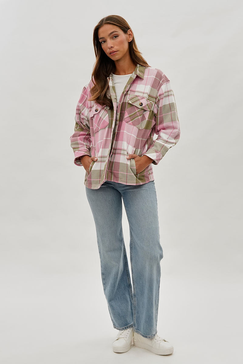Plaid Button Up Lightweight Jacket - Pink