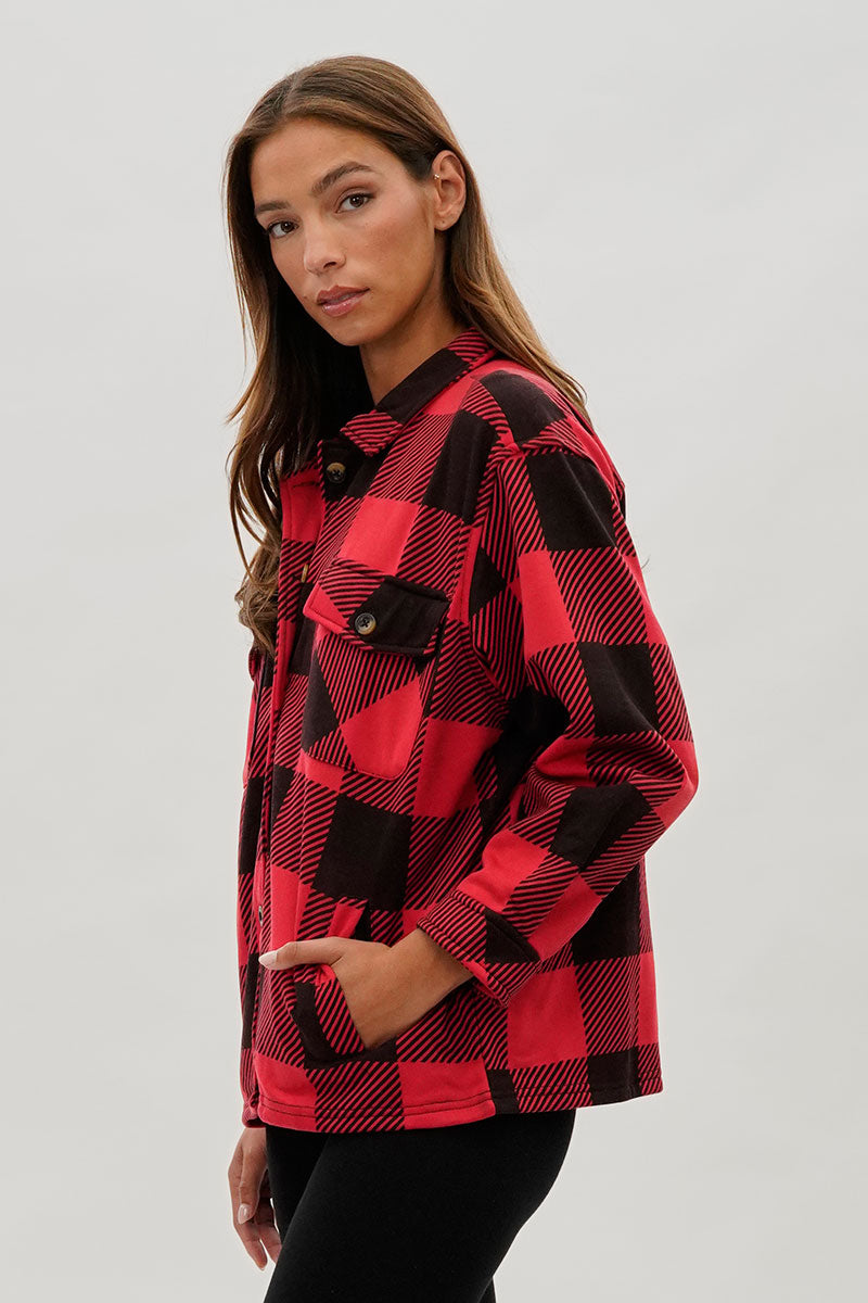 Plaid Button Up Lightweight Jacket - Red