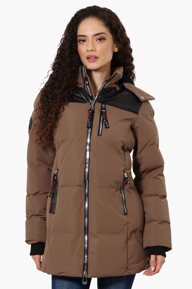 Canada Weather Gear 3/4 Length Vegan Leather Parka Jacket - Brown - Womens Parka Jackets - Canada Weather Gear