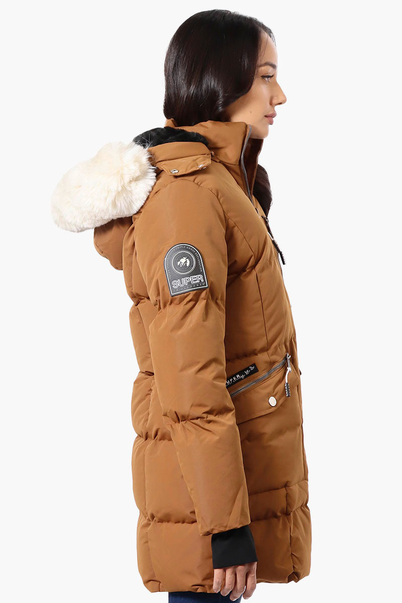 Super Triple Goose Faux Fur Thumb Hole Parka Jacket - Brown - Womens Parka Jackets - Canada Weather Gear