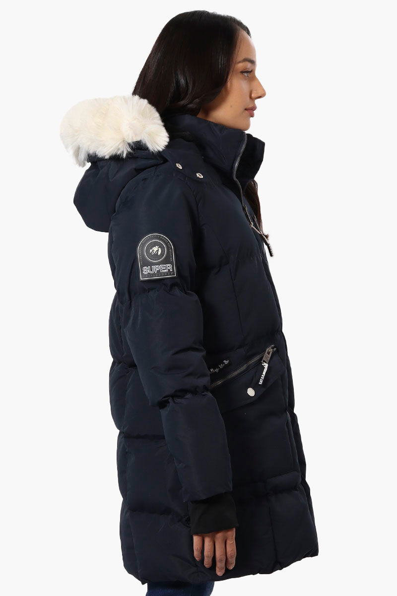 Super Triple Goose Faux Fur Thumb Hole Parka Jacket - Navy - Womens Parka Jackets - Canada Weather Gear