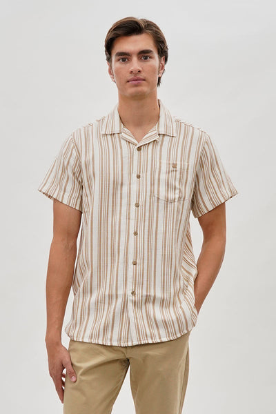 Super Triple Goose Vintage Striped Button Up Casual Shirt - Beige - Mens Casual Shirts - Canada Weather Gear