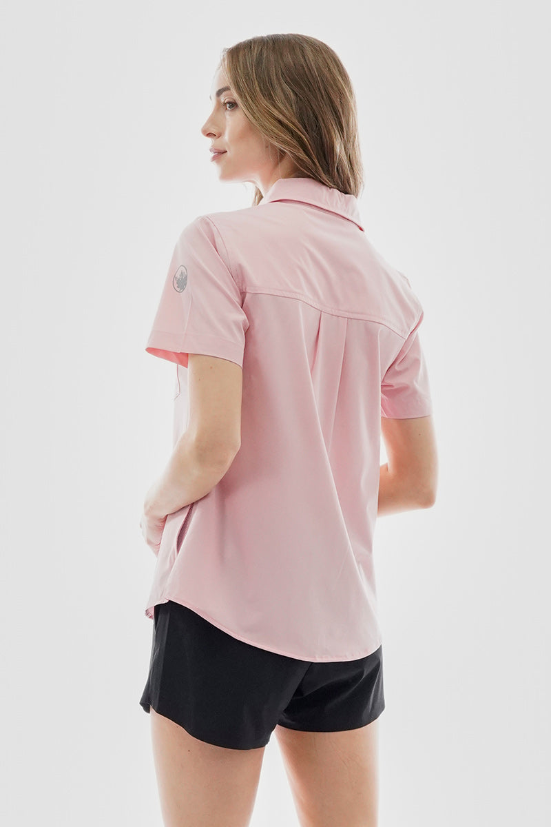 Canada Weather Gear Button Up Short Sleeve Shirt - Pink - Womens Shirts & Blouses - Canada Weather Gear