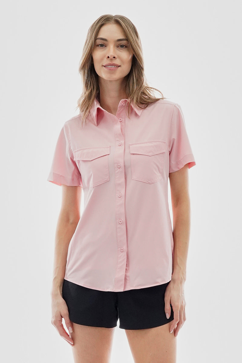 Canada Weather Gear Button Up Short Sleeve Shirt - Pink - Womens Shirts & Blouses - Canada Weather Gear