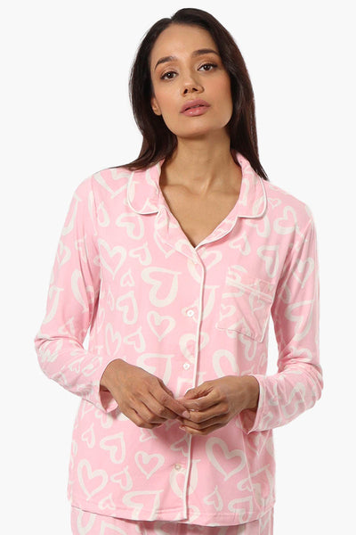 Canada Weather Gear Heart Pattern Button Down Pajama Top - Pink - Womens Pajamas - Canada Weather Gear