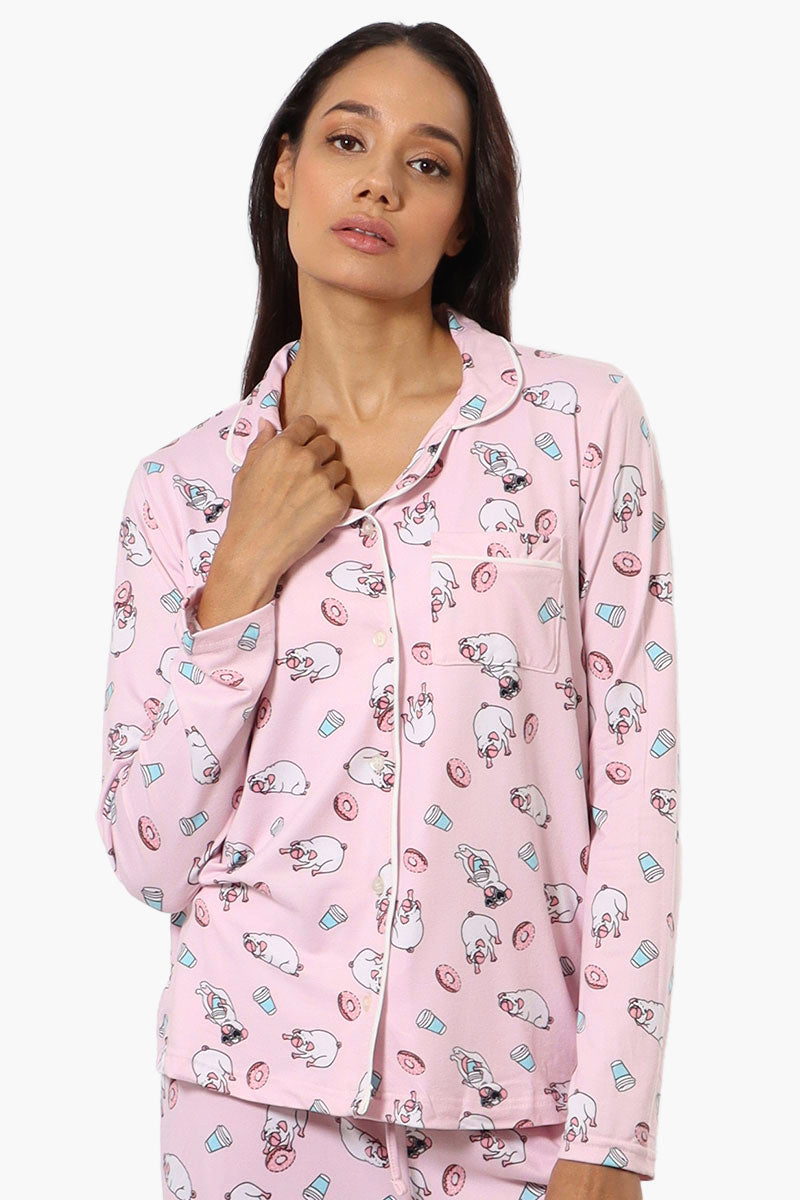 Canada Weather Gear Pug Pattern Button Down Pajama Top - Pink - Womens Pajamas - Canada Weather Gear