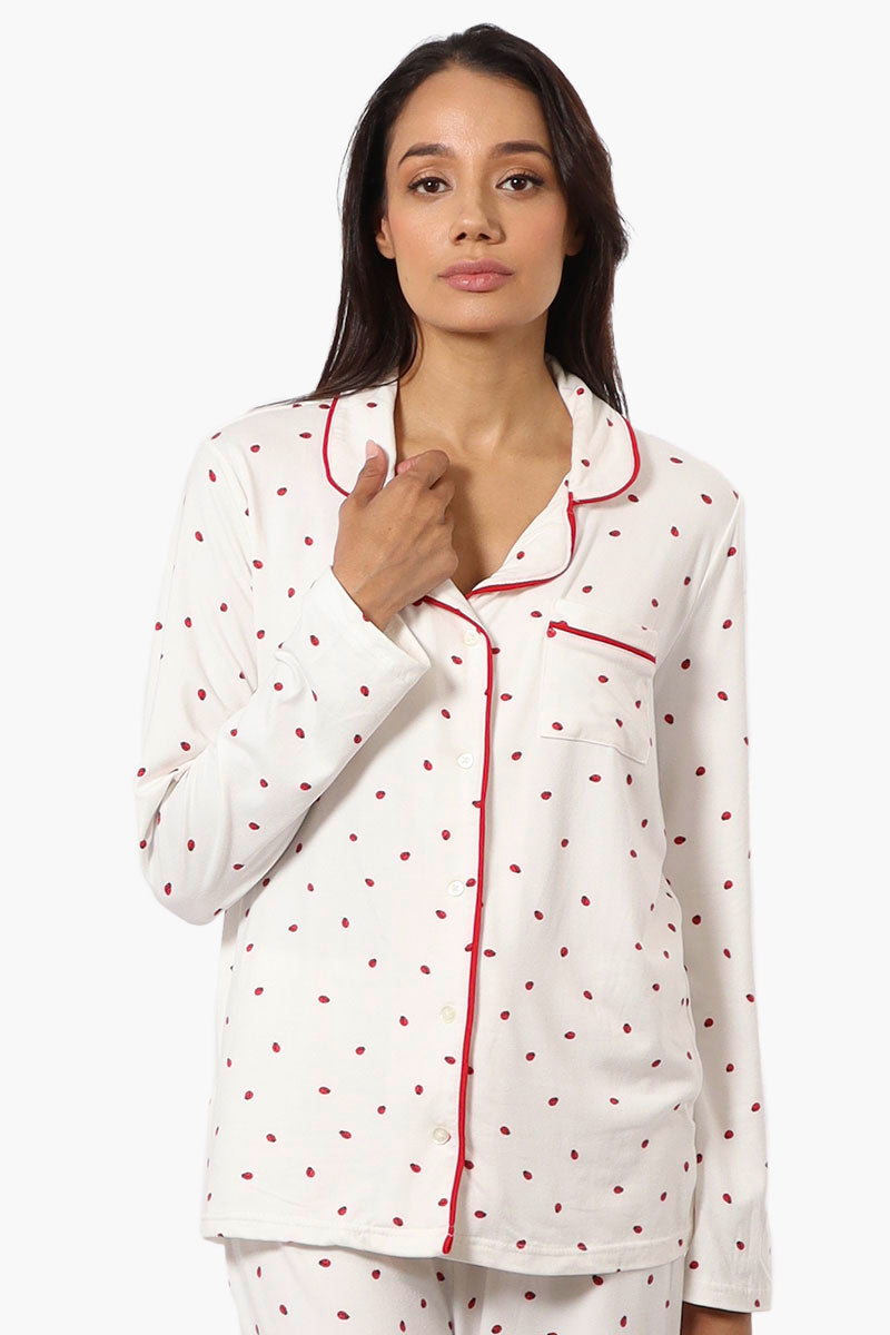 Canada Weather Gear Ladybug Pattern Button Down Pajama Top - White - Womens Pajamas - Canada Weather Gear