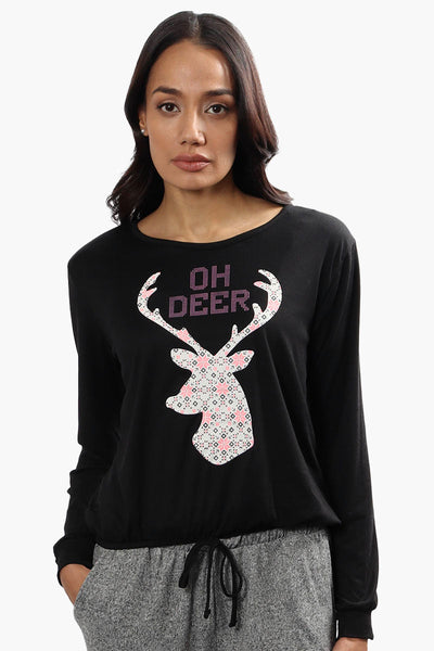 Cuddly Canuckies Oh Deer Print Pajama Top - Black - Womens Pajamas - Canada Weather Gear