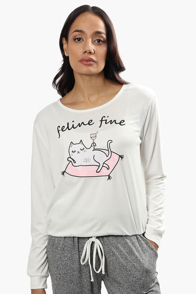 Cuddly Canuckies Feline Fine Print Pajama Top - White - Womens Pajamas - Canada Weather Gear