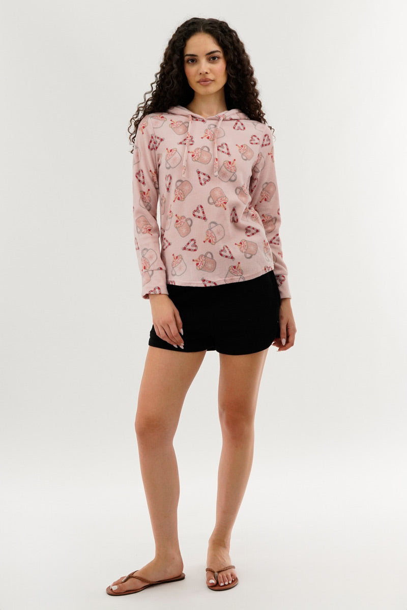 Canada Weather Gear Festive Print Hooded Pajama Top - Pink - Womens Pajamas - Canada Weather Gear