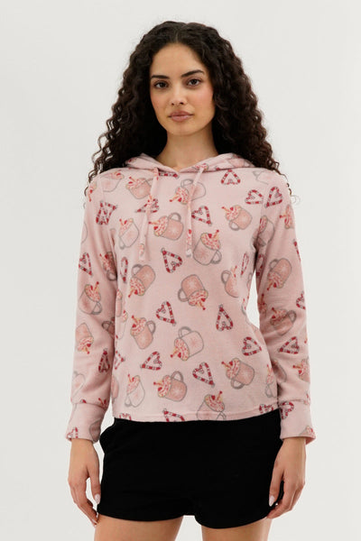 Canada Weather Gear Festive Print Hooded Pajama Top - Pink - Womens Pajamas - Canada Weather Gear