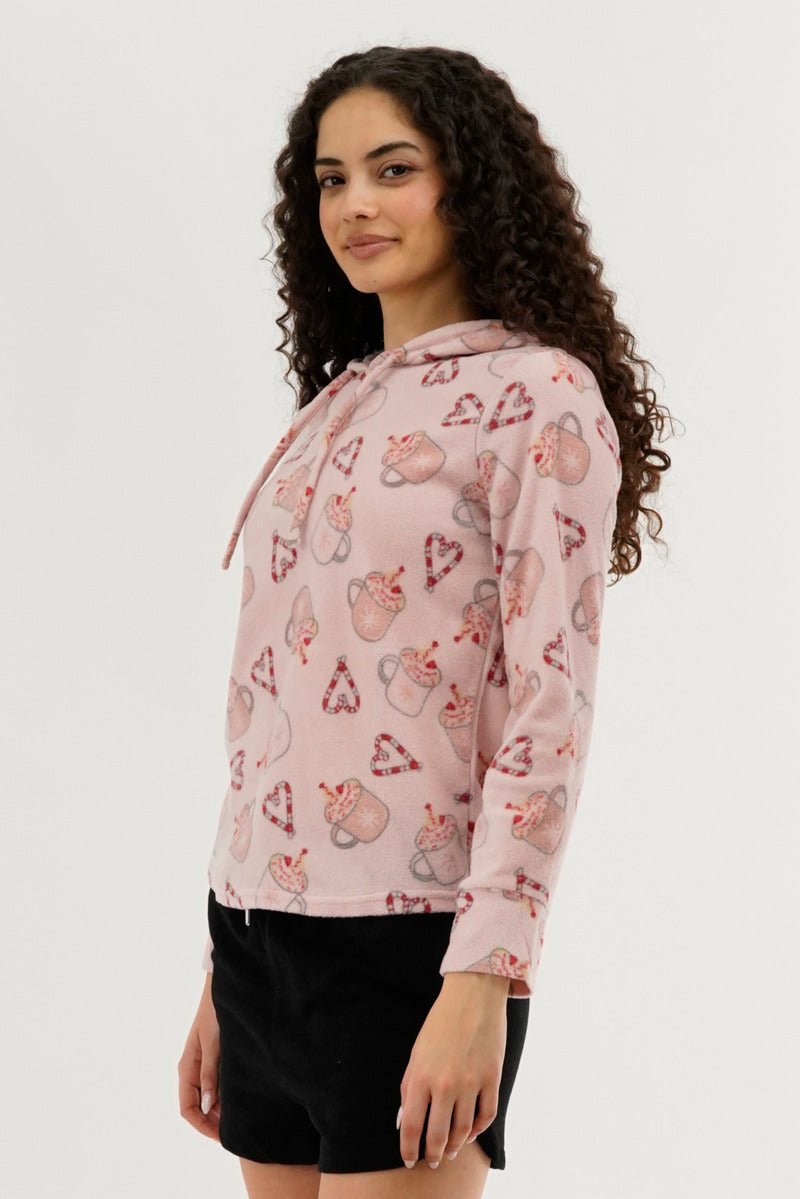 Canada Weather Gear Festive Print Hooded Pajama Top - Pink - Womens Pajamas - Canada Weather Gear