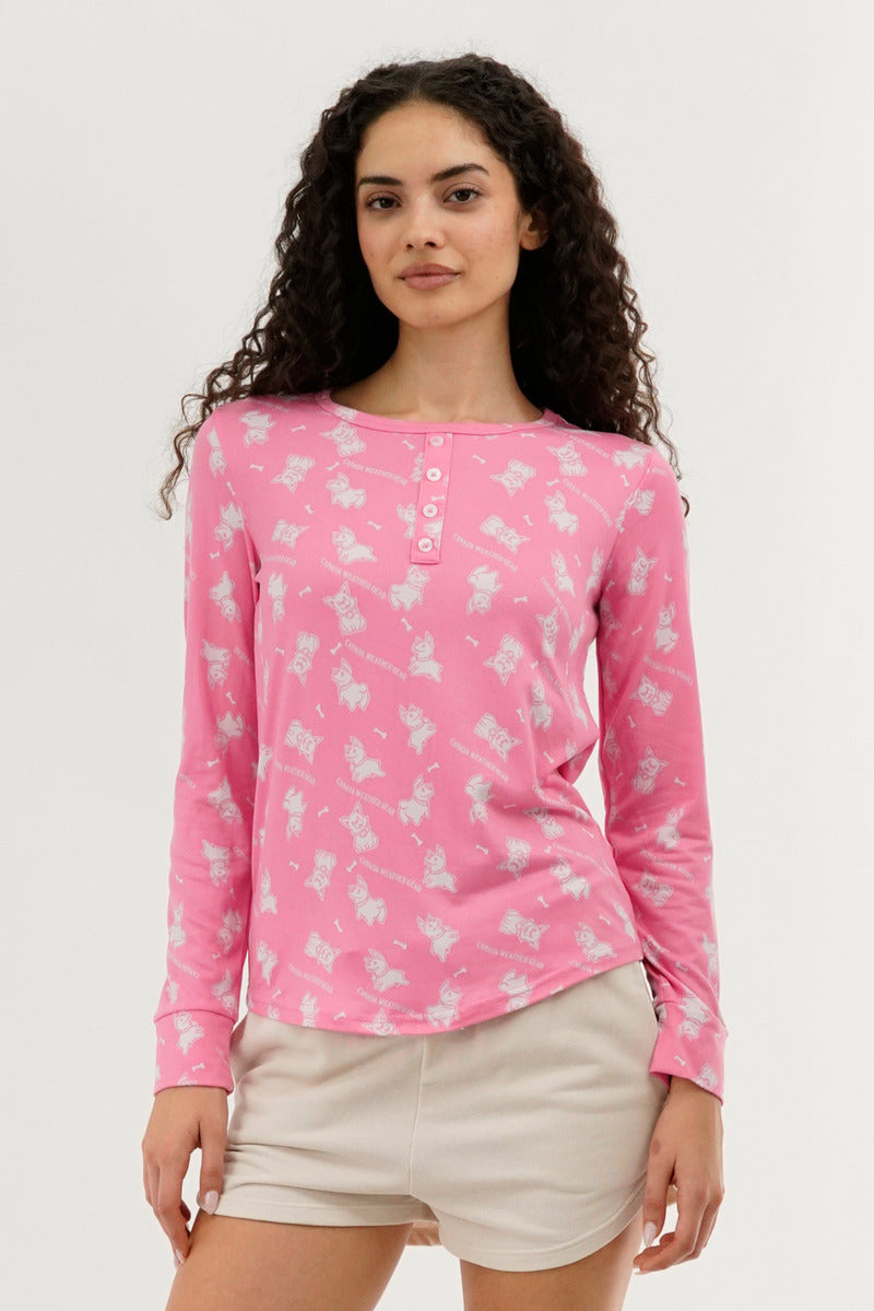 Canada Weather Gear Dog Print Henley Pajama Top - Pink - Womens Pajamas - Canada Weather Gear