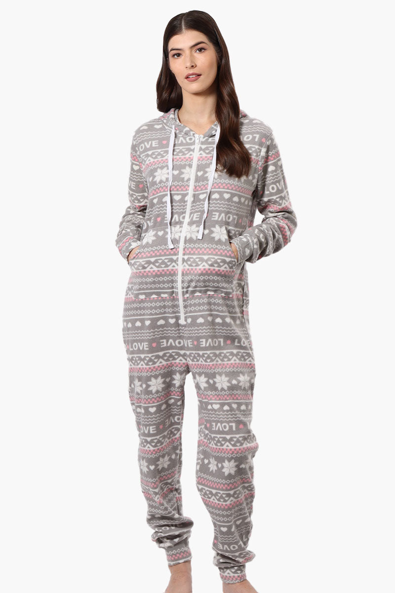 Cuddly Canuckies Hooded Festive Pattern Onesie - Grey - Womens Onesies - Canada Weather Gear