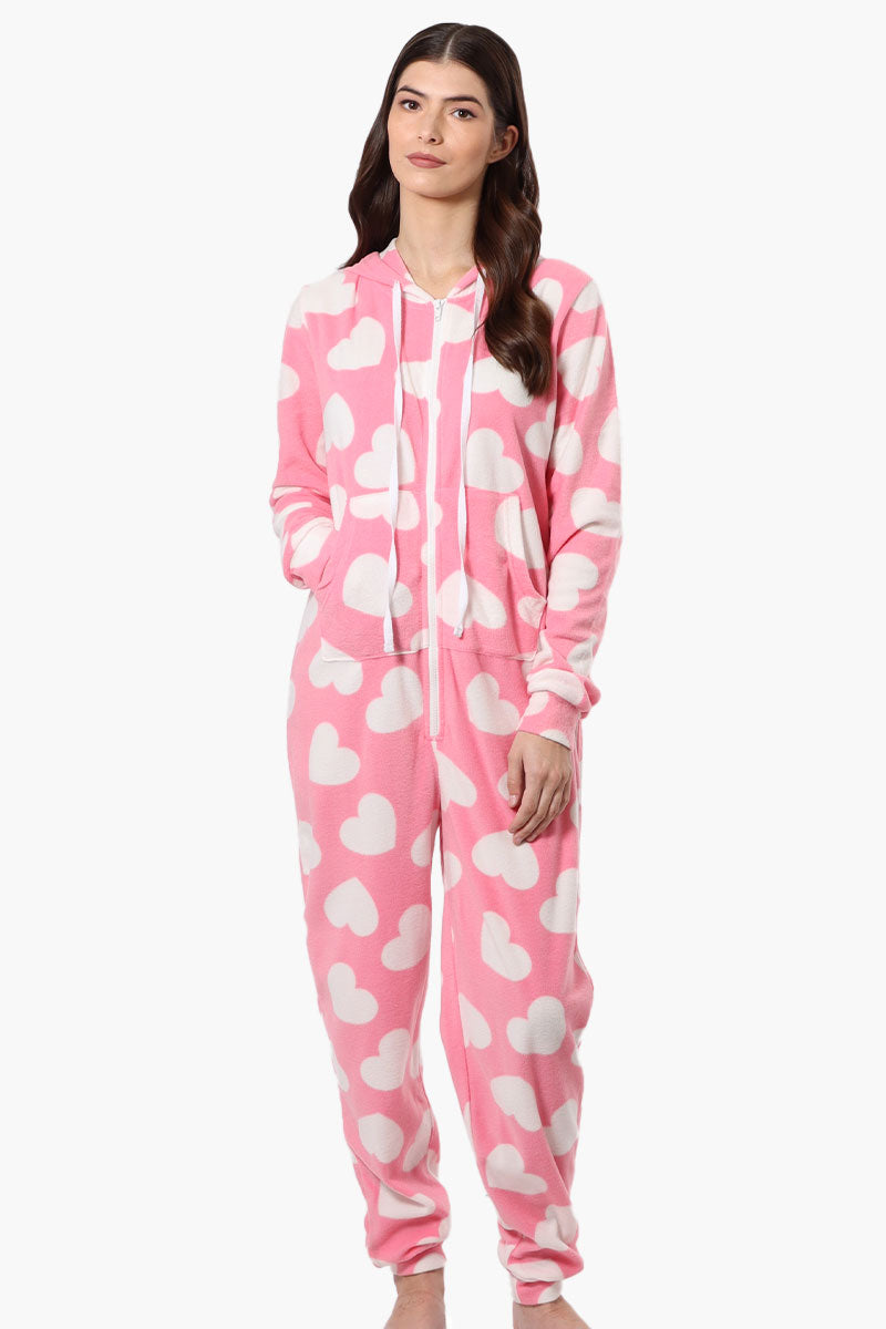 Cuddly Canuckies Hooded Heart Pattern Onesie - Pink - Womens Onesies - Canada Weather Gear