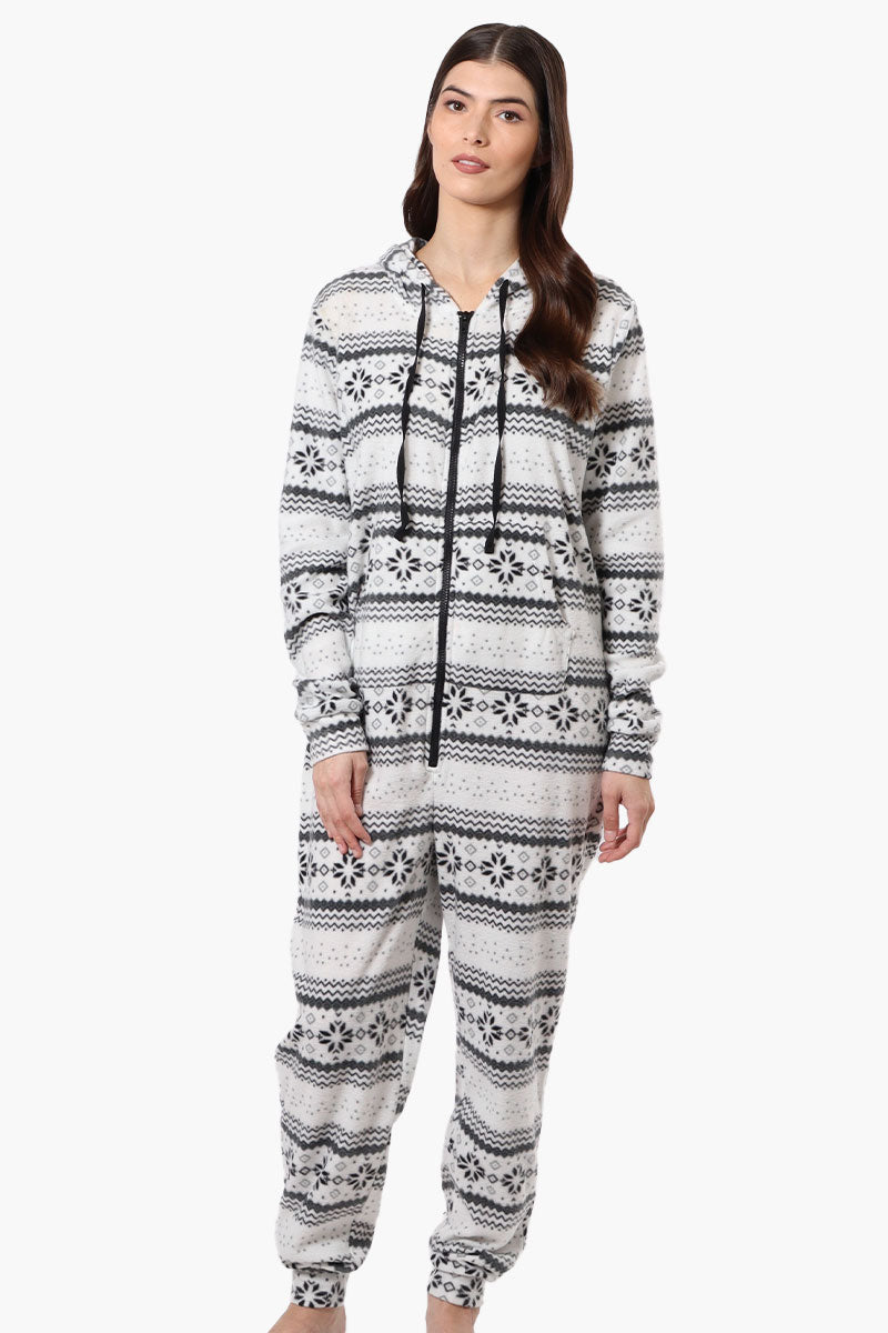 Cuddly Canuckies Hooded Festive Pattern Onesie - White - Womens Onesies - Canada Weather Gear