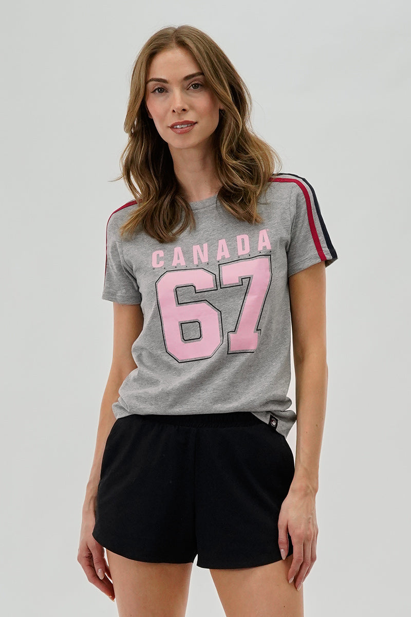 Canada Weather Gear 67 Print Stripe Detail Tee - Grey - Womens Tees & Tank Tops - Canada Weather Gear