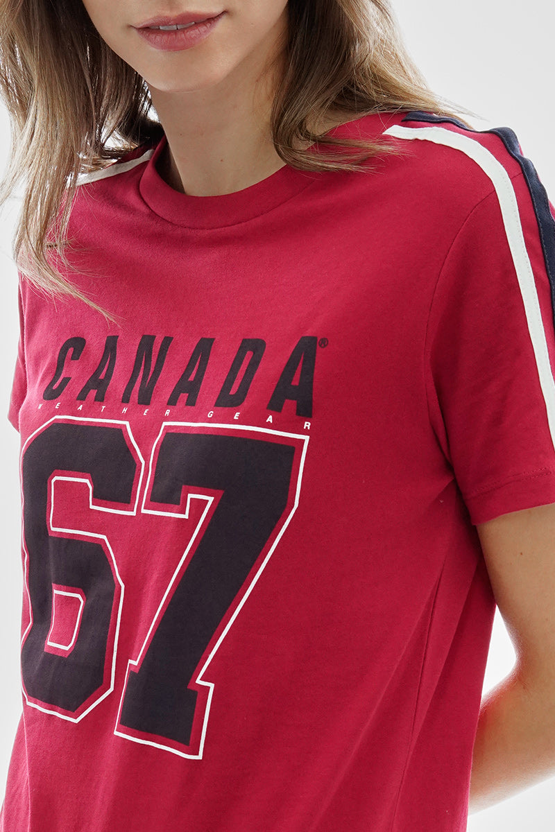 Canada Weather Gear 67 Print Stripe Detail Tee - Red - Womens Tees & Tank Tops - Canada Weather Gear