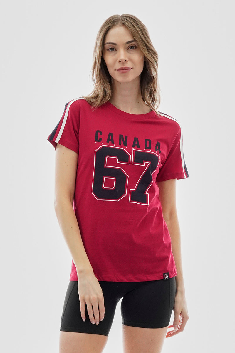Canada Weather Gear 67 Print Stripe Detail Tee - Red - Womens Tees & Tank Tops - Canada Weather Gear