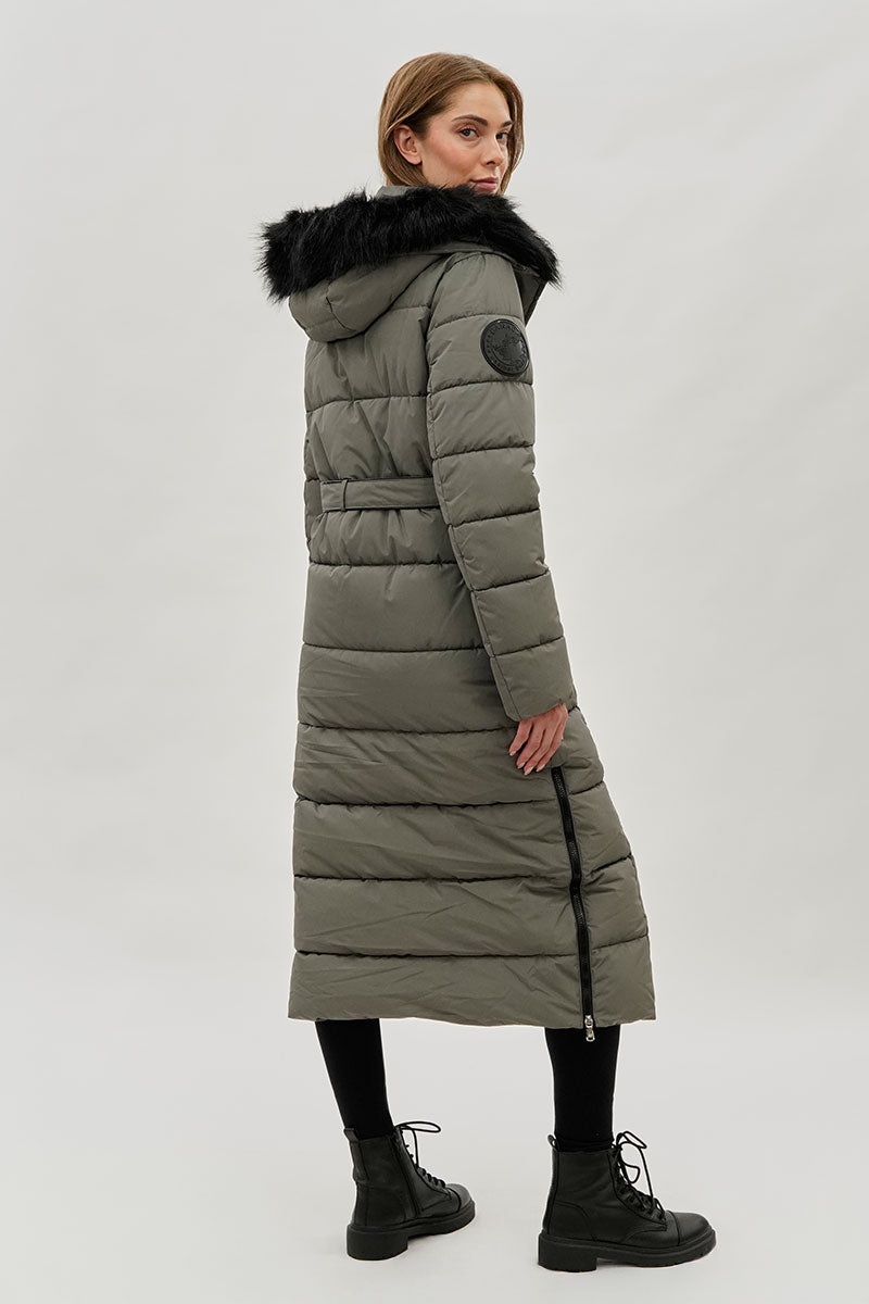 Long Faux Fur Lined Parka Jacket - Olive