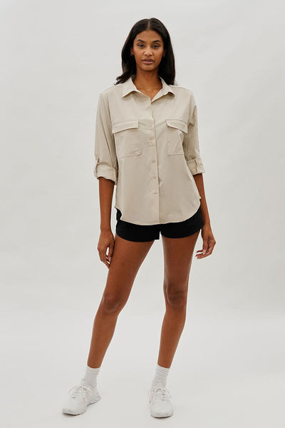 Canada Weather Gear Button Up Ripstop Utility Shirt - Beige - Womens Shirts & Blouses - Canada Weather Gear