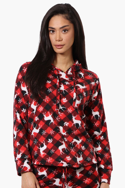 Canada Weather Gear Plaid Reindeer Pattern Hooded Pajama Top - Red - Womens Pajamas - Canada Weather Gear