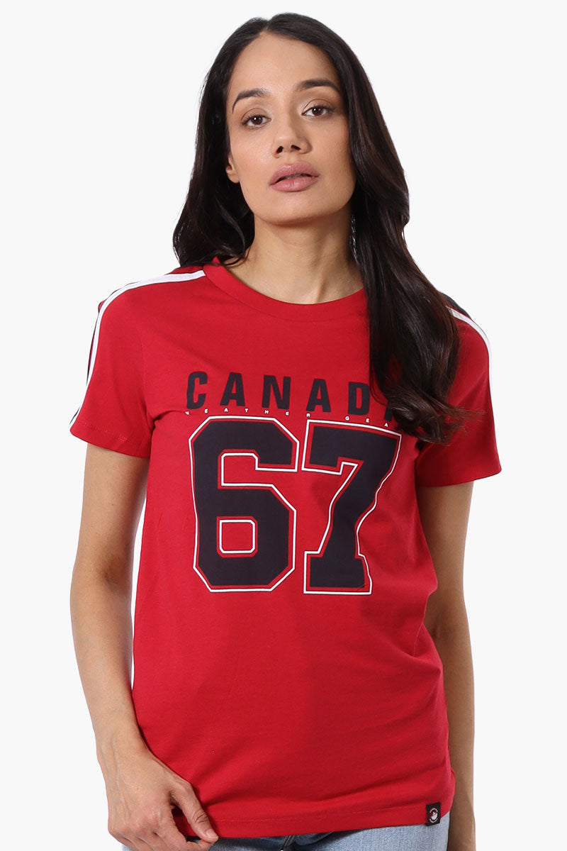 Canada Weather Gear 67 Print Stripe Detail Tee - Red - Womens Tees & Tank Tops - Canada Weather Gear