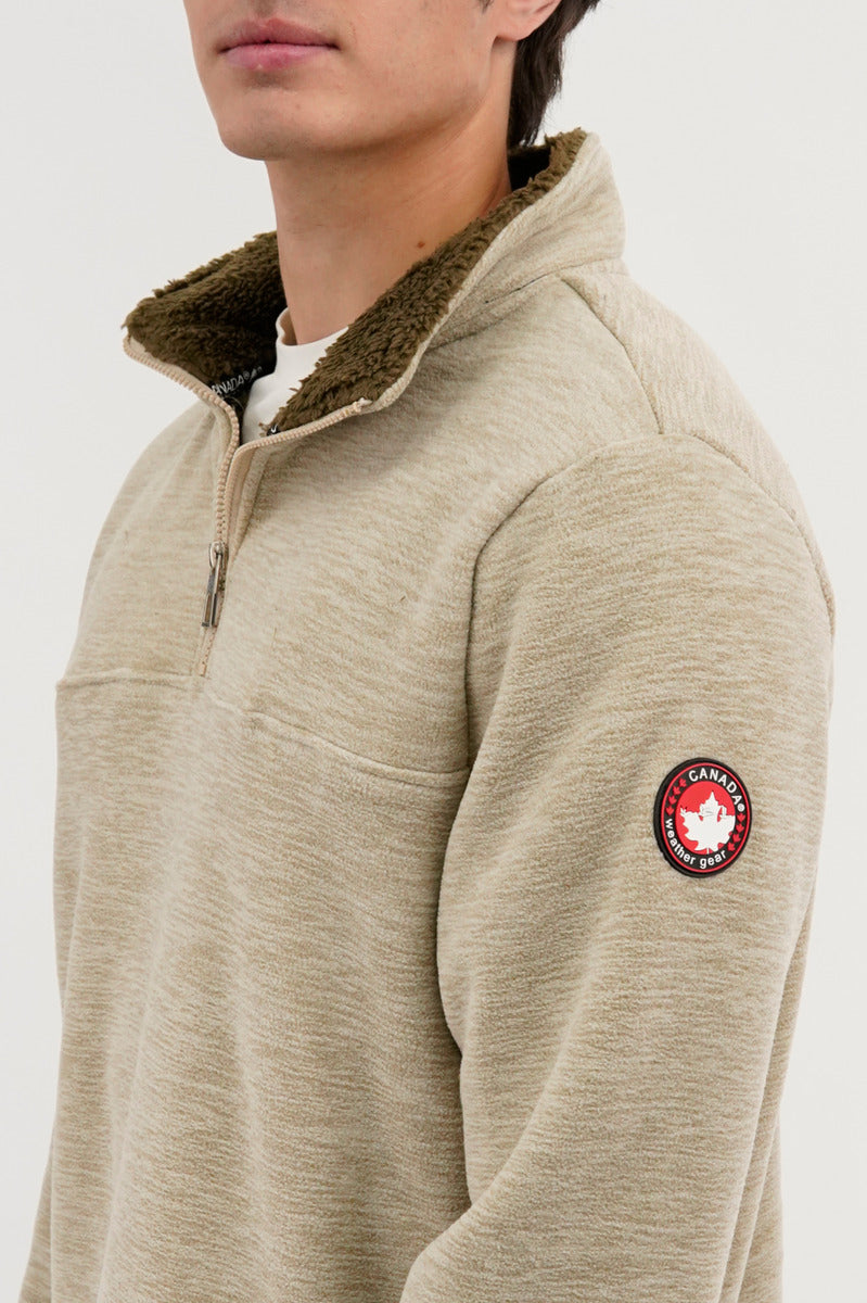 Canada Weather Gear Sherpa Lined 1/4 Zip Pullover Sweater - Beige - Mens Pullover Sweaters - Canada Weather Gear