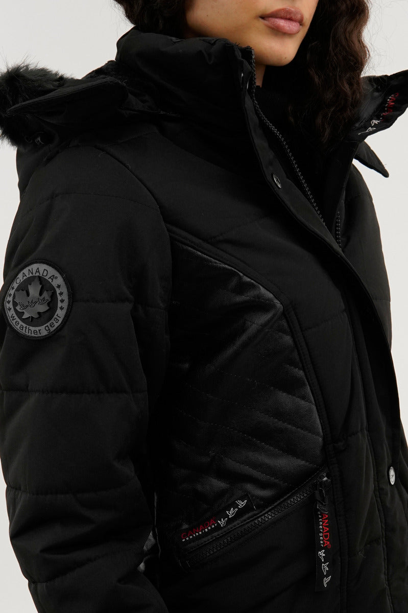Canada Weather Gear Vegan Leather Insert Parka Jacket - Black - Womens Parka Jackets - Fairweather