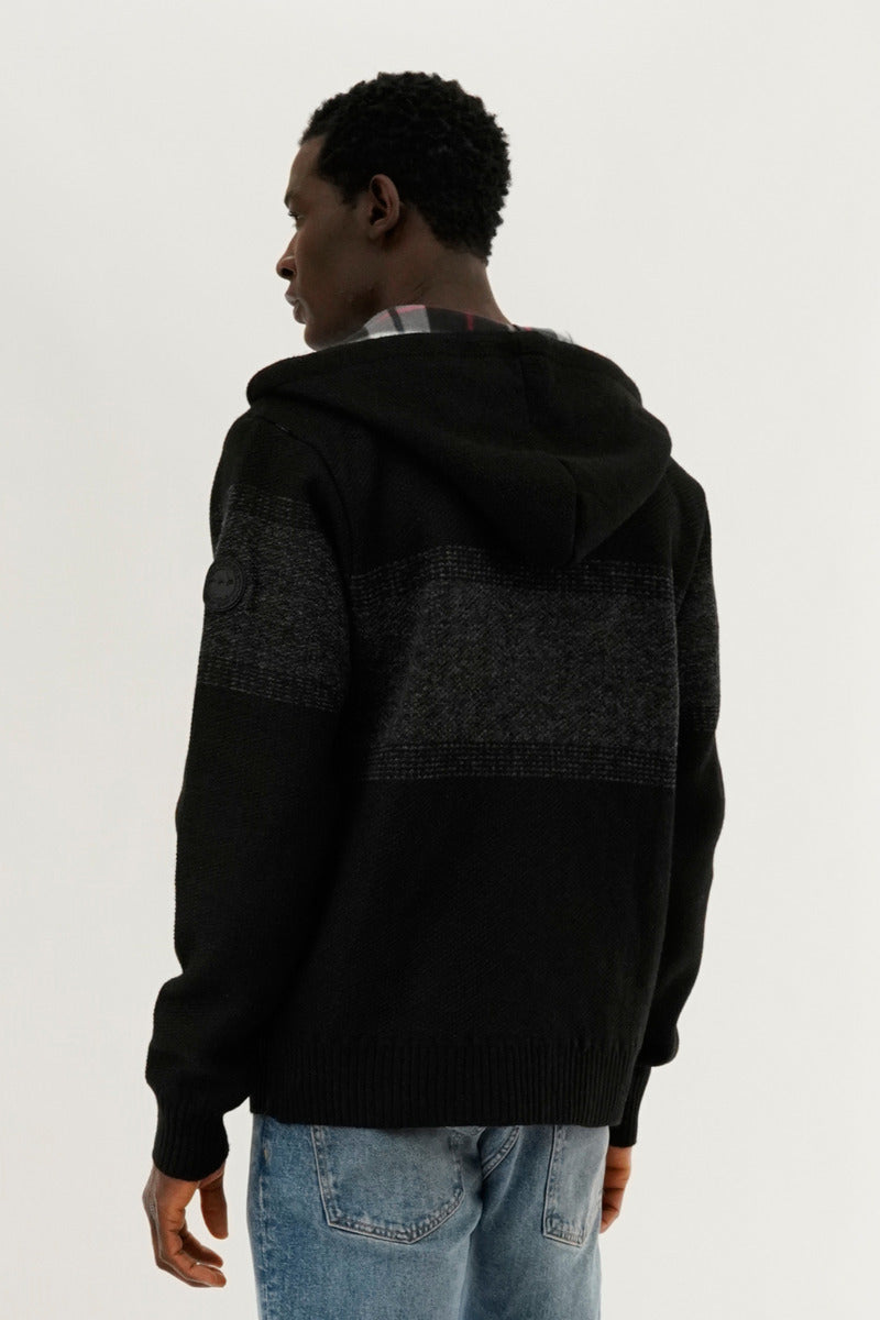 Plaid Lined Striped Zip Up Hoodie - Black