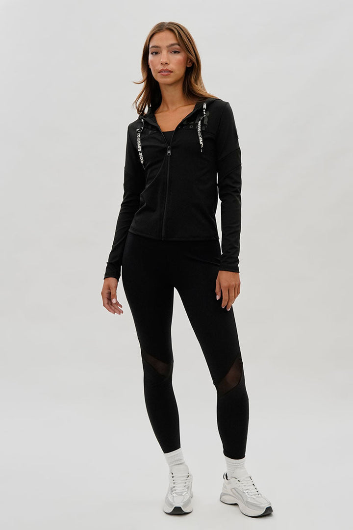 Zip Up Mesh Detail Hoodie - Black