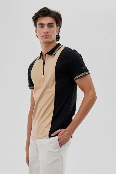 Canada Weather Gear Vintage 1/4 Zip Colour Block Polo Shirt - Beige - Mens Polo Shirts - Canada Weather Gear